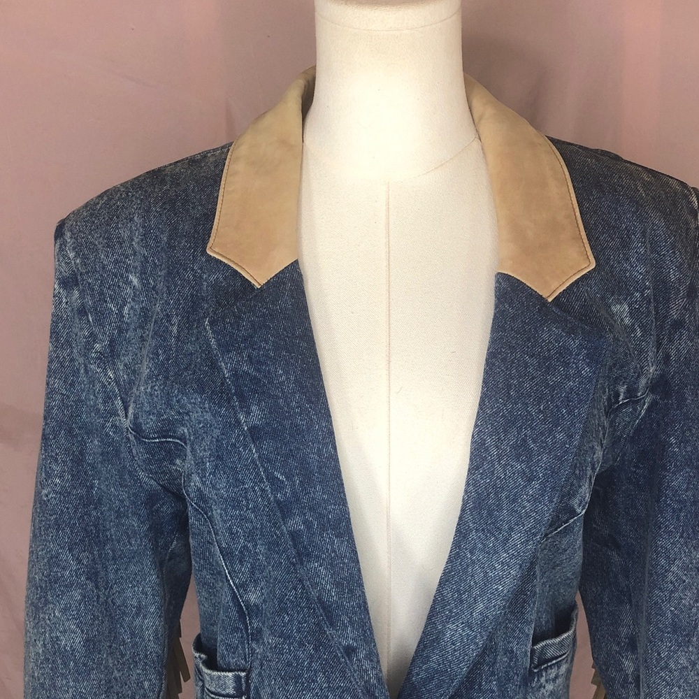 Vintage Blue Denim Western Country Leather Tan Collar Fringe Size Large Like New - Picture 4 of 16